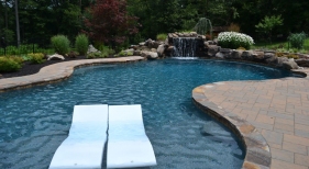 Freeform pool with tanning ledge and loungers