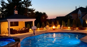 Freeform pool and spa with fire pit