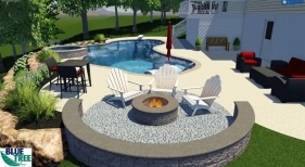 3D design fire pit overlooking pool