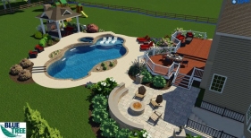 Freeform pool with raised spa tanning ledge and pool landscaping 3D design
