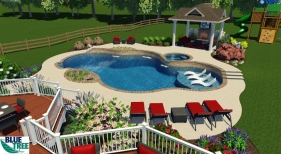 Freeform pool with raised spa tanning ledge and pool landscaping 3D design