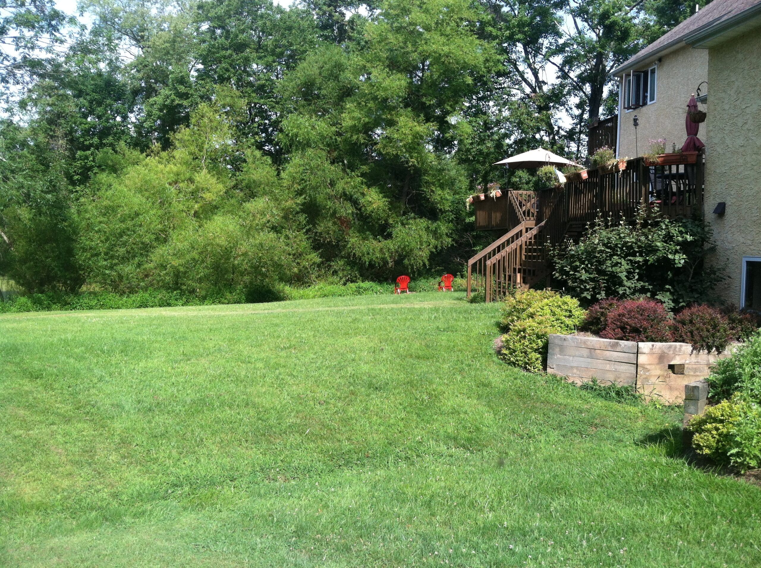 A green backyard with a wooden deck attached to a house, outdoor furniture under an umbrella, a garden bed with shrubs, and two red chairs on the grass near trees.