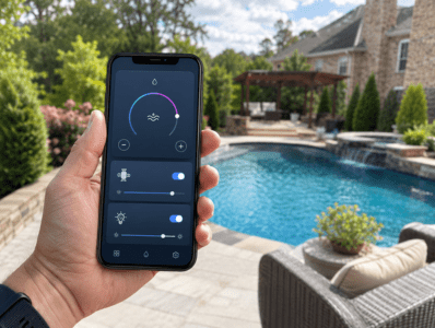 A hand holds a smartphone displaying a pool control app, with sliders for water flow and lighting, beside a backyard swimming pool surrounded by patio furniture, plants, and a stone house.