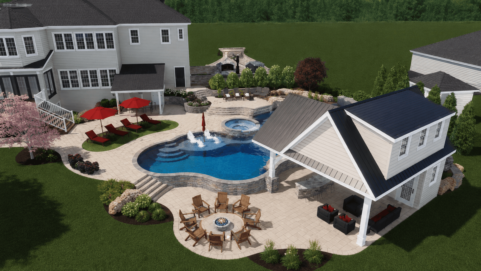 Aerial view of a backyard with a pool, hot tub, lounge chairs with red umbrellas, a fire pit with chairs, an outdoor fireplace, green lawn, and a covered seating area next to a large white house.