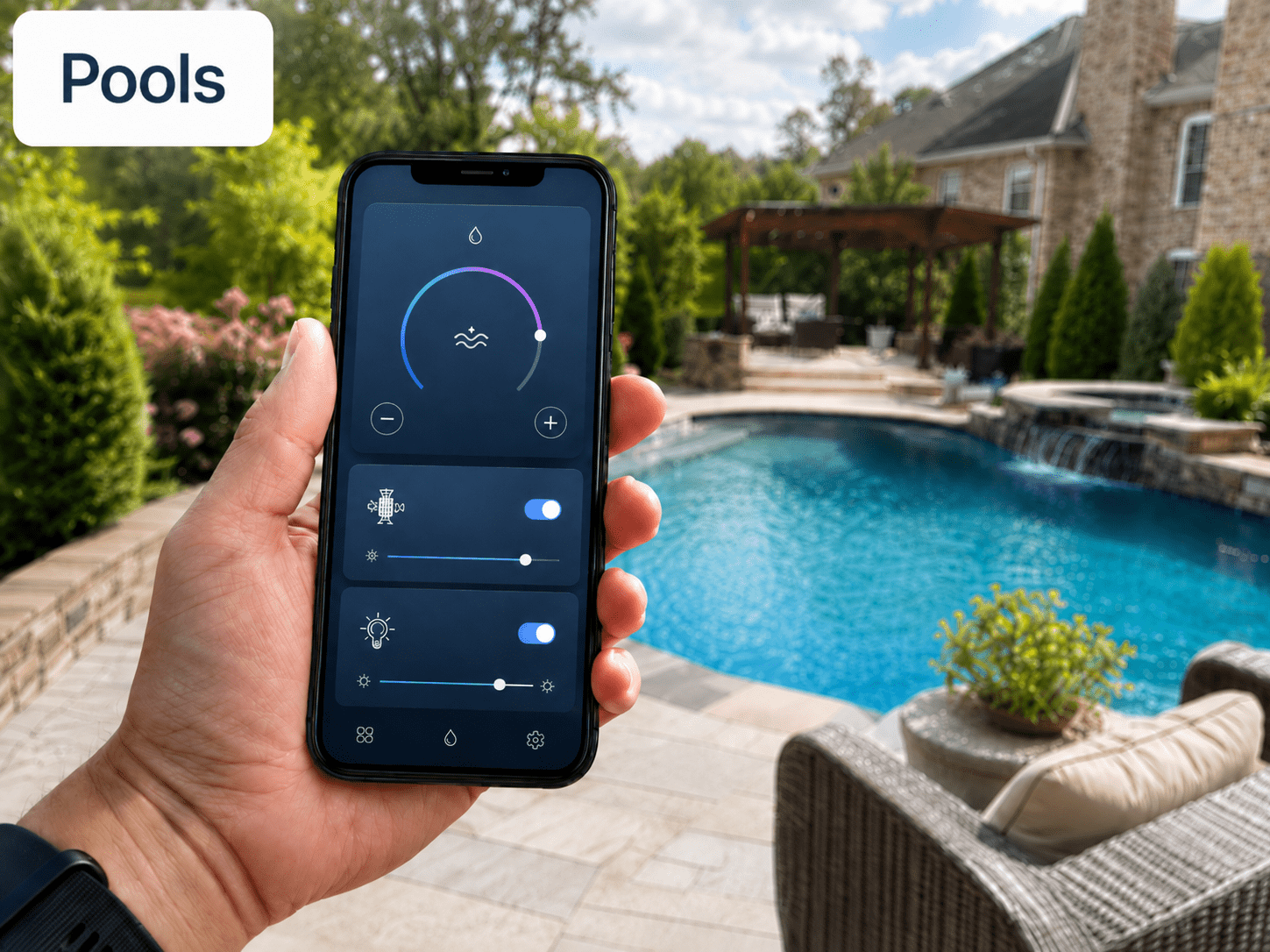 A person holds a smartphone with a pool control app displayed, adjusting settings by a backyard swimming pool surrounded by patio furniture, greenery, and a large brick house. A label reads Pools in the top left corner.