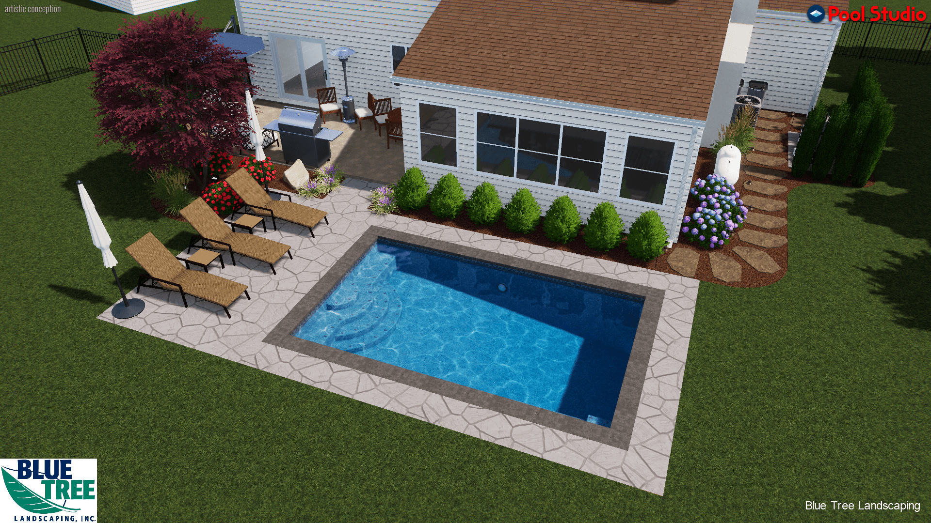 A backyard with a small rectangular pool, lounge chairs, a patio dining area, gated lawn, shrubs, flowers, and a stepping stone path beside a house. Logos for Blue Tree Landscaping and Pool Studio are visible.