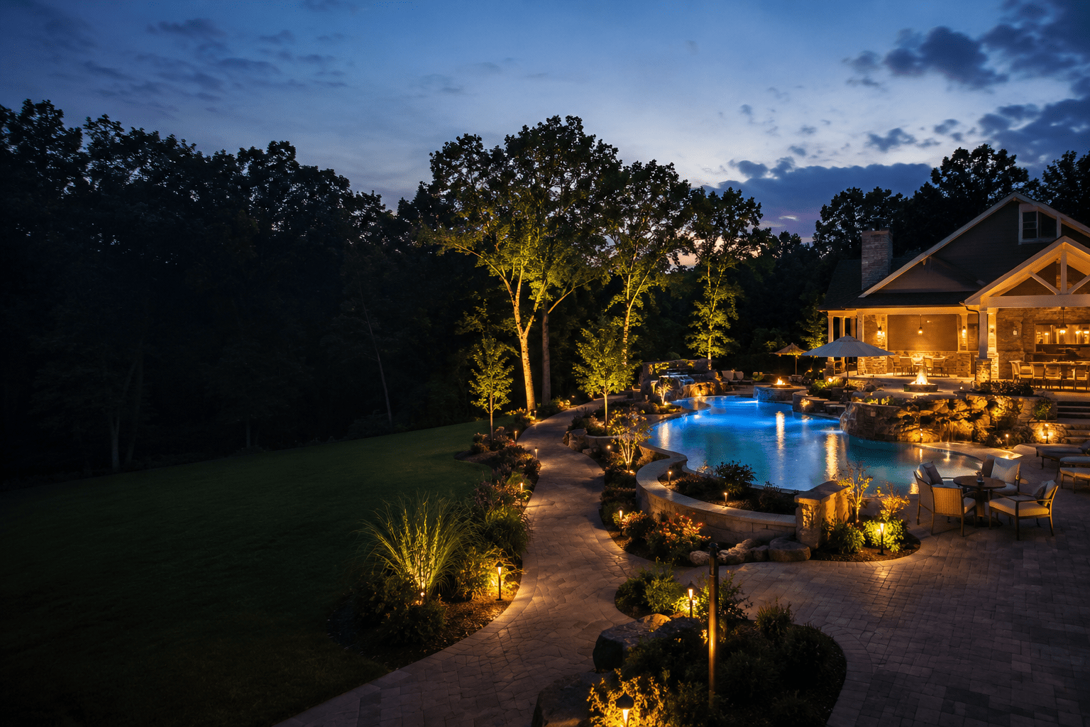 A luxurious backyard at dusk features a glowing swimming pool, landscaped gardens, and warm path lighting, with a large house and outdoor seating area illuminated in the background, surrounded by tall trees.
