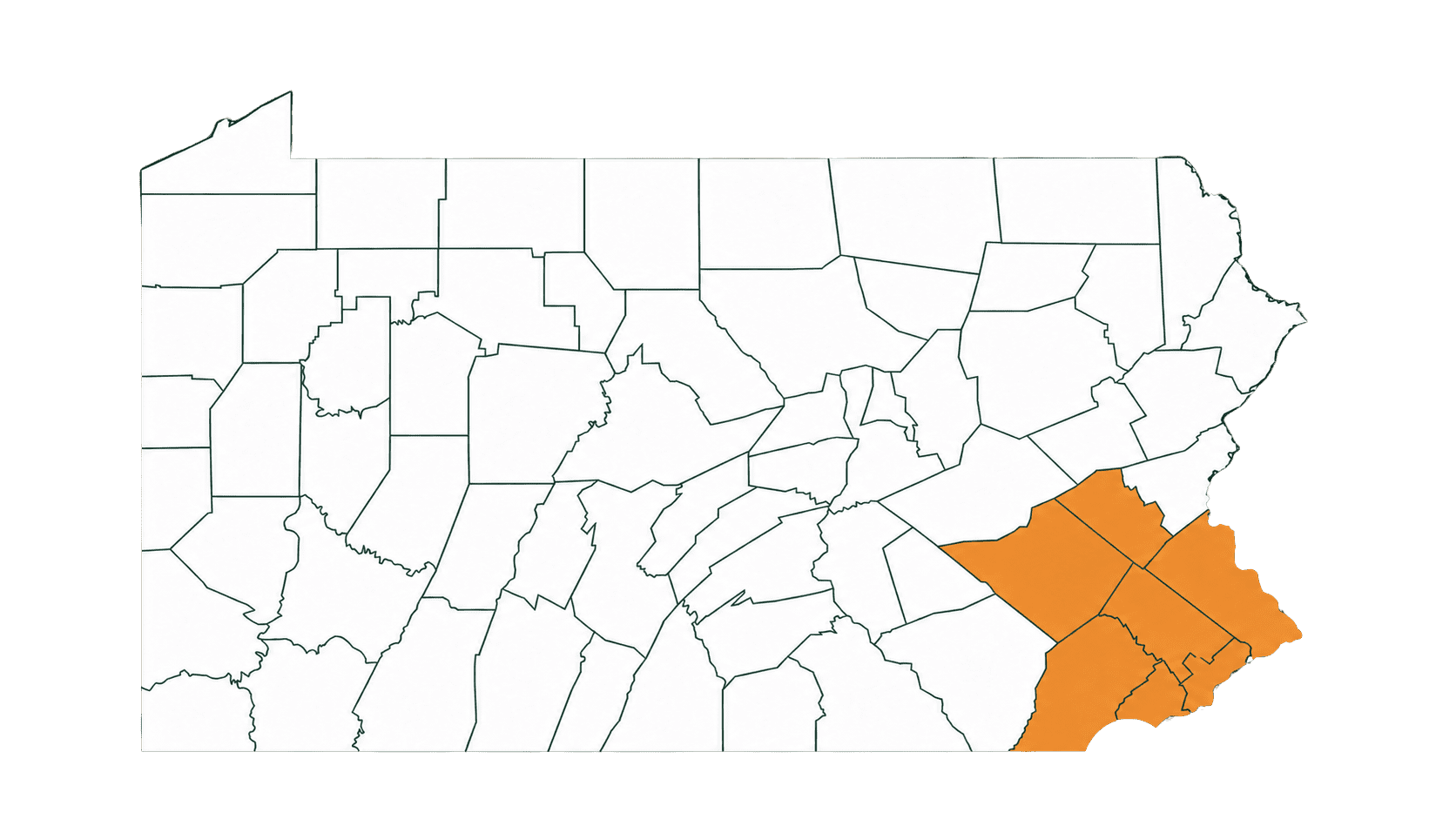 Blue Tree Outdoor Living service area map covering Montgomery, Bucks, Chester, Delaware, Lehigh, Berks, and Philadelphia Counties in Southeastern Pennsylvania