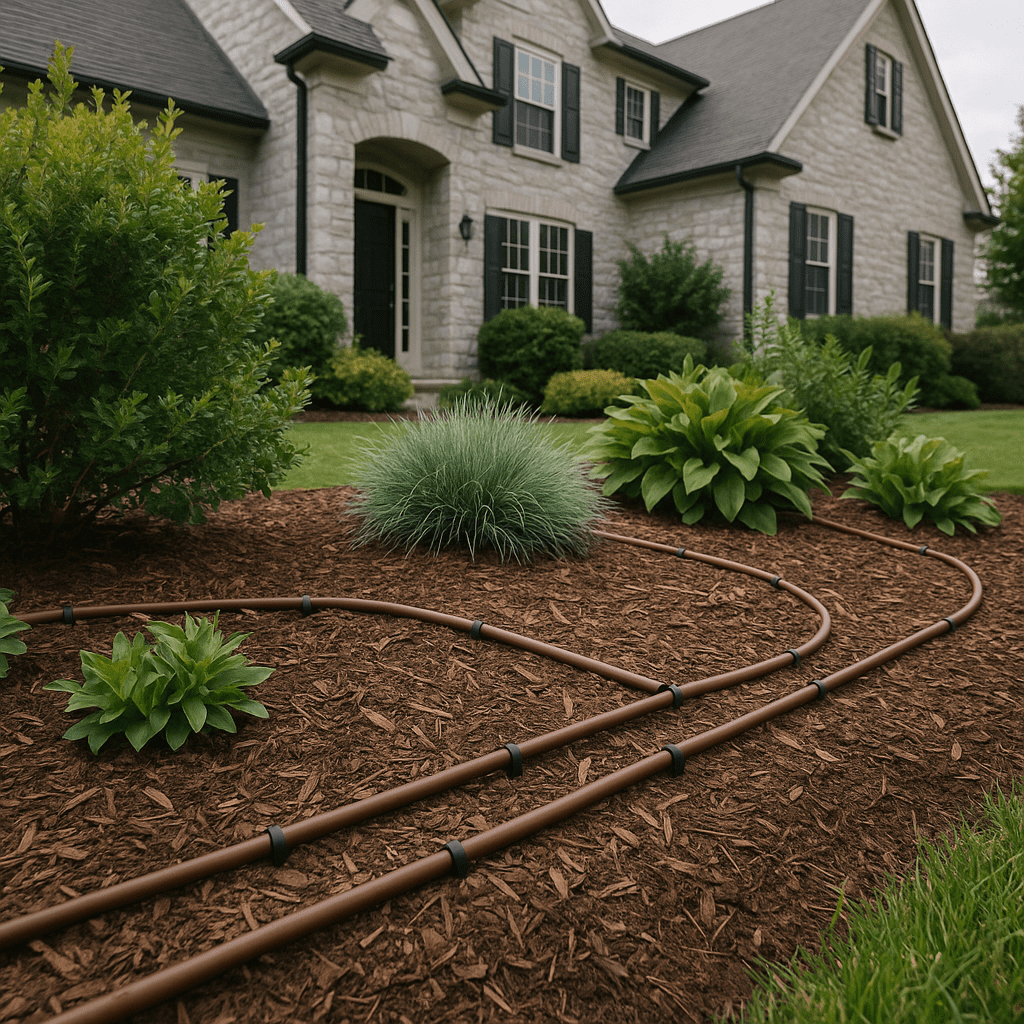 Brown drip irrigation tubing runs through mulch in a landscaped garden bed with green plants and bushes, in front of a light-colored stone house with dark roof.