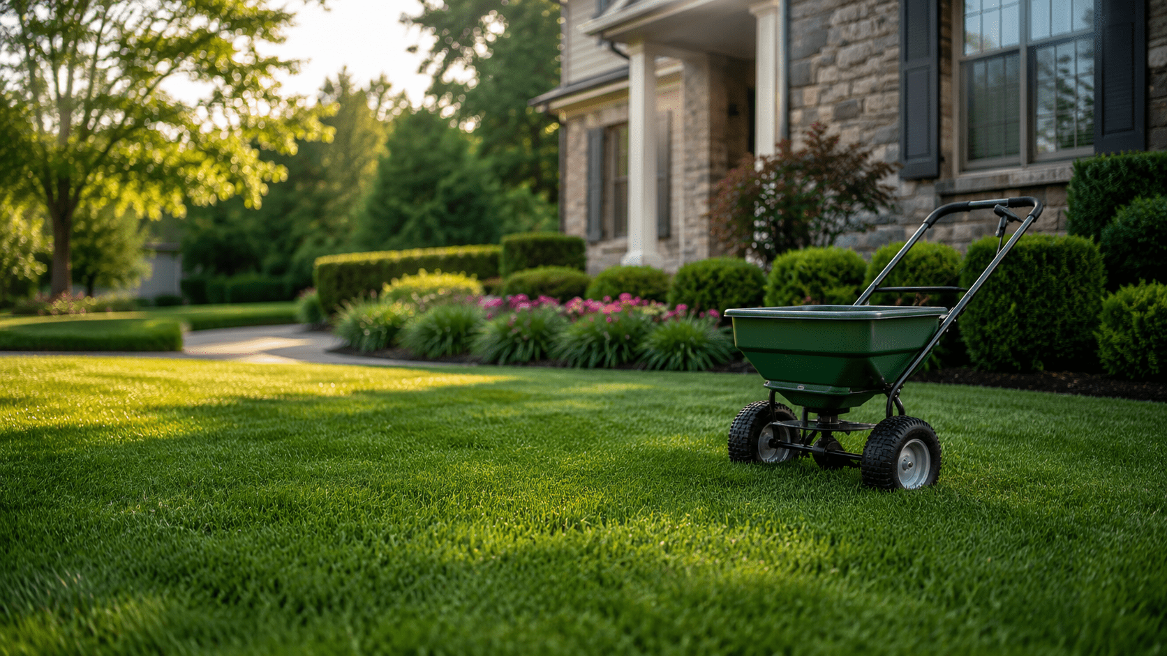A green fertilizer spreader sits on a neatly mowed lawn in front of a suburban house, surrounded by well-kept bushes and colorful flowers on a sunny day.
