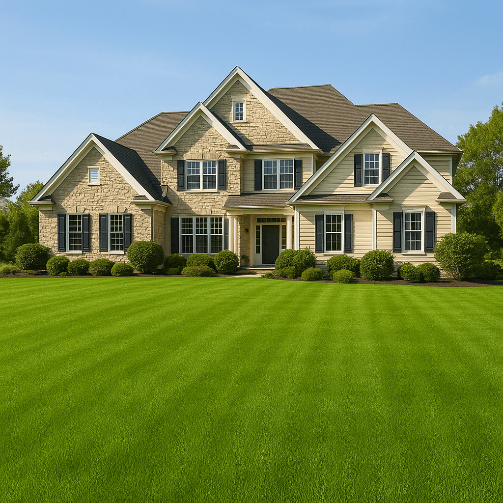 Large suburban house with beige siding and stone accents, surrounded by a well-manicured green lawn, bushes, and trees under a clear blue sky.