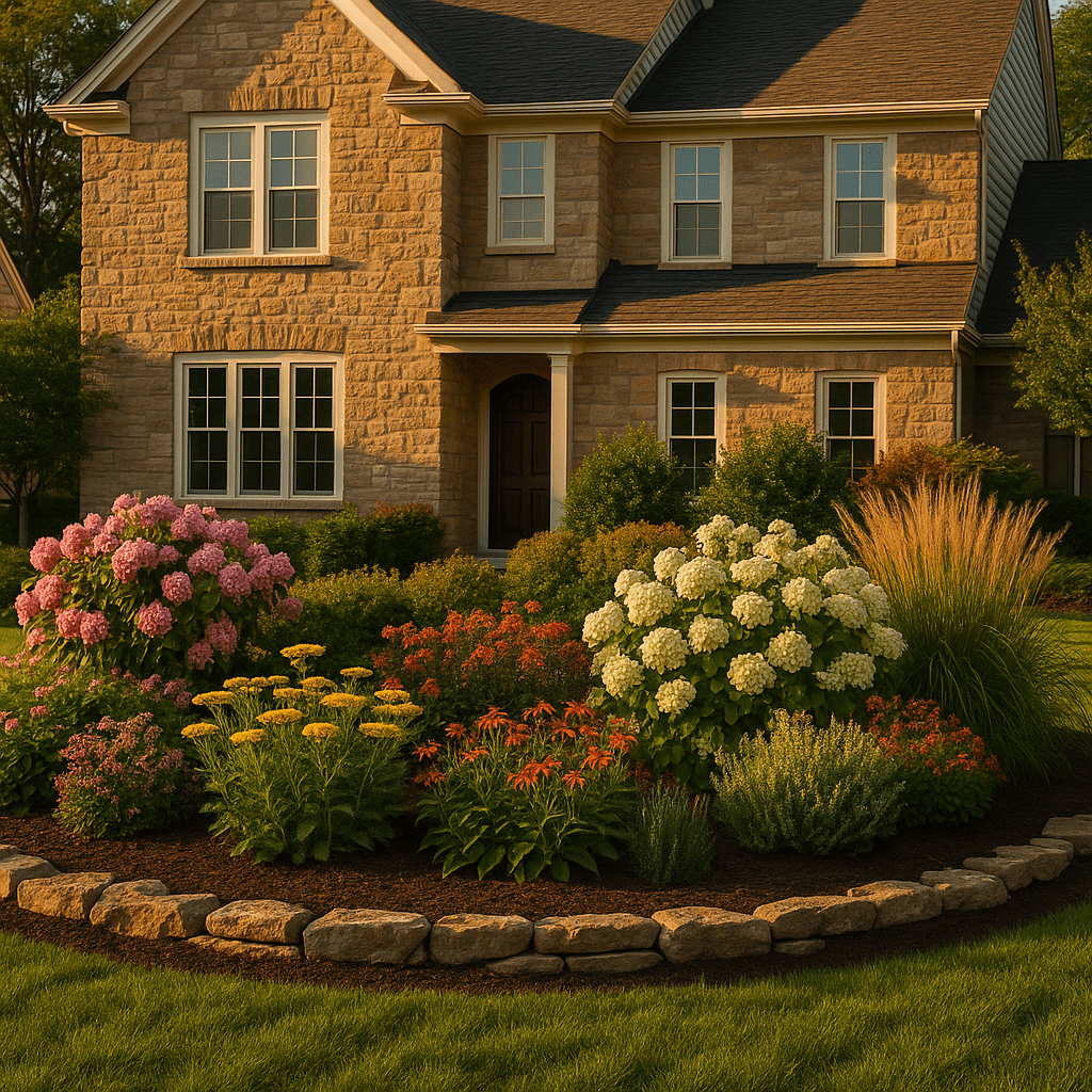 Layered ornamental planting bed design with mixed shrubs, perennials, and stone edging