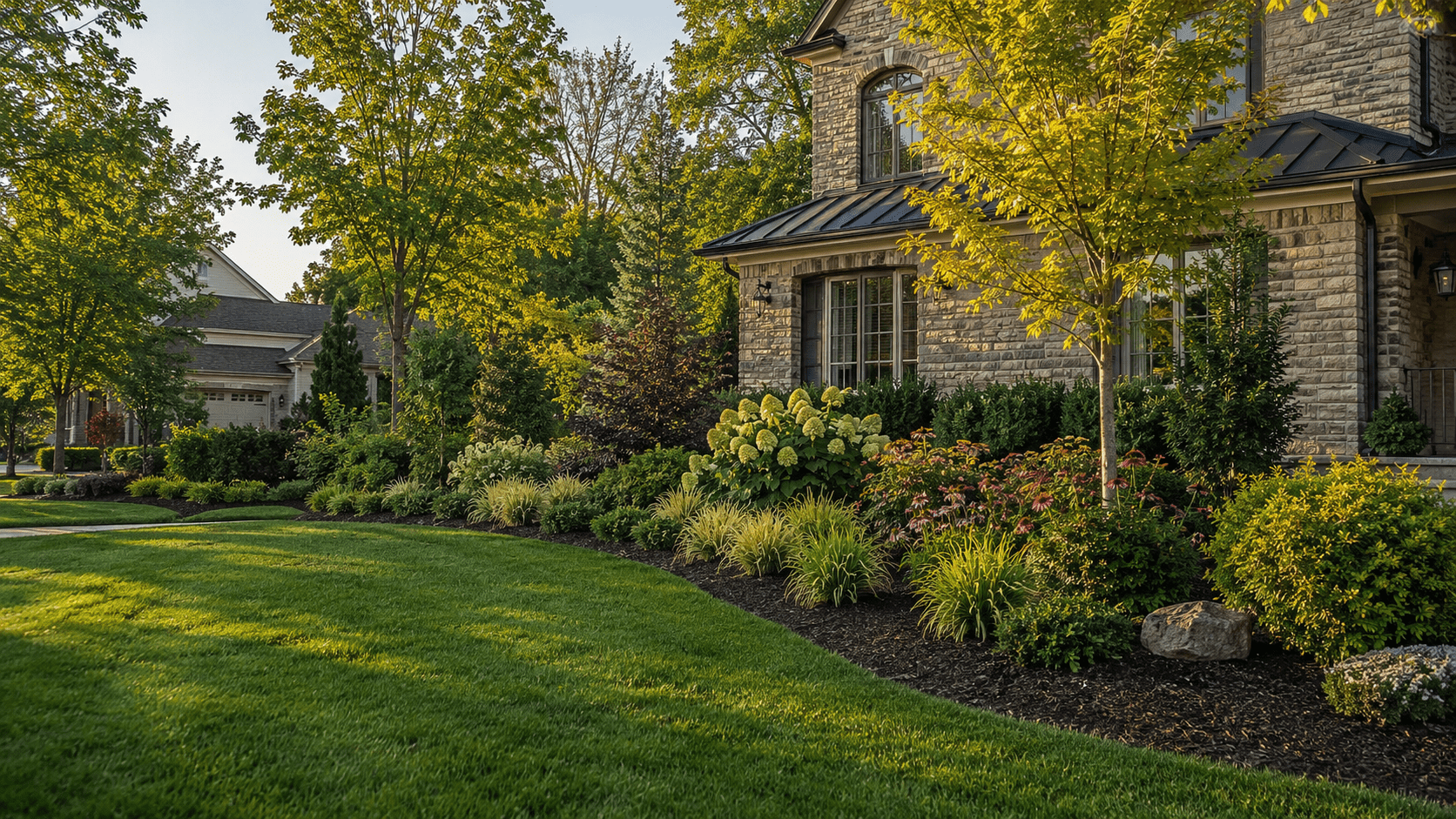 A well-maintained front yard features neatly trimmed grass, vibrant flower beds, shrubs, and small trees in front of a stone house, all bathed in warm sunlight.