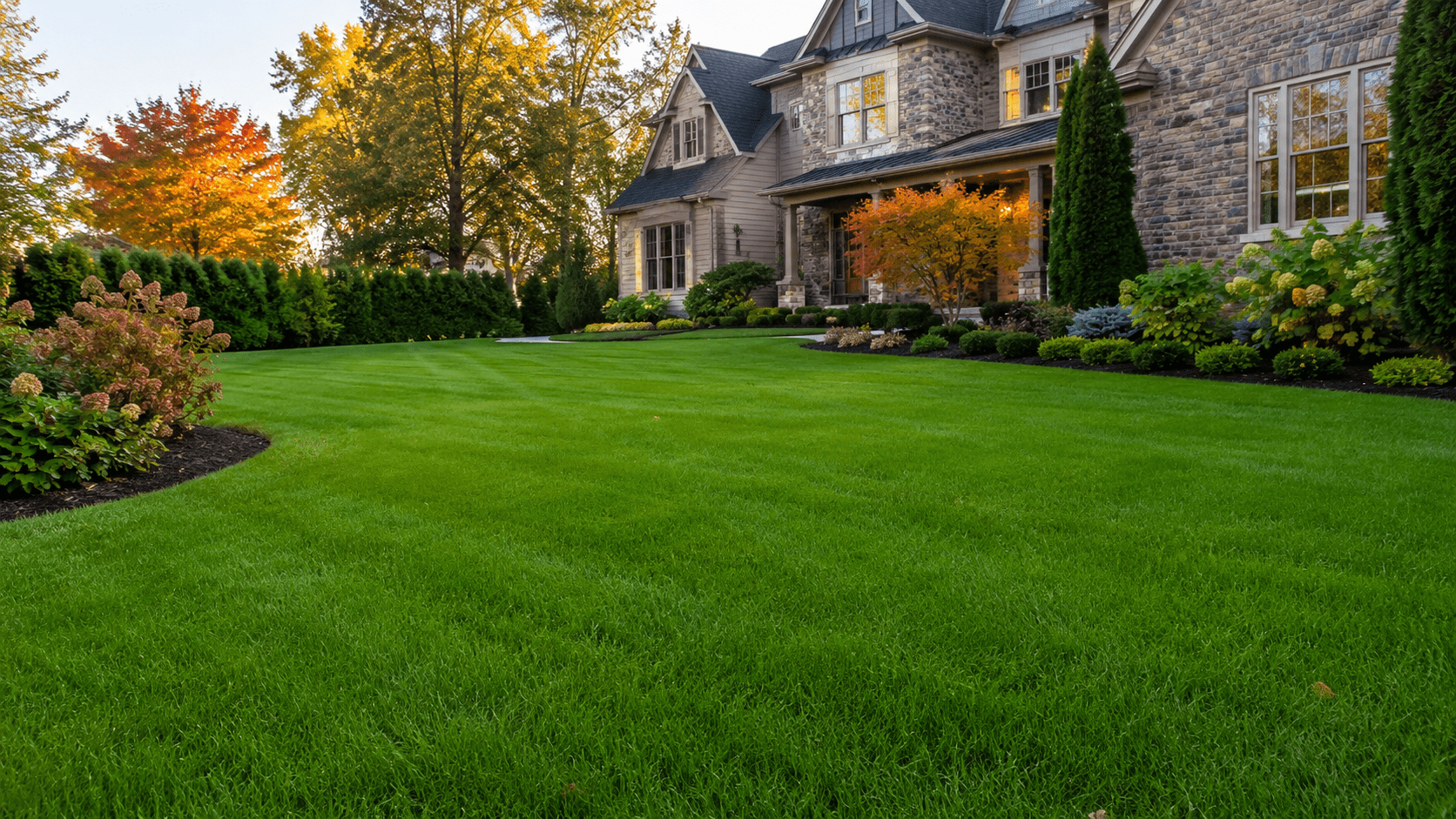 A large, well-manicured green lawn in front of a stone house with landscaped flower beds, bushes, and small trees, surrounded by tall trees with autumn foliage.