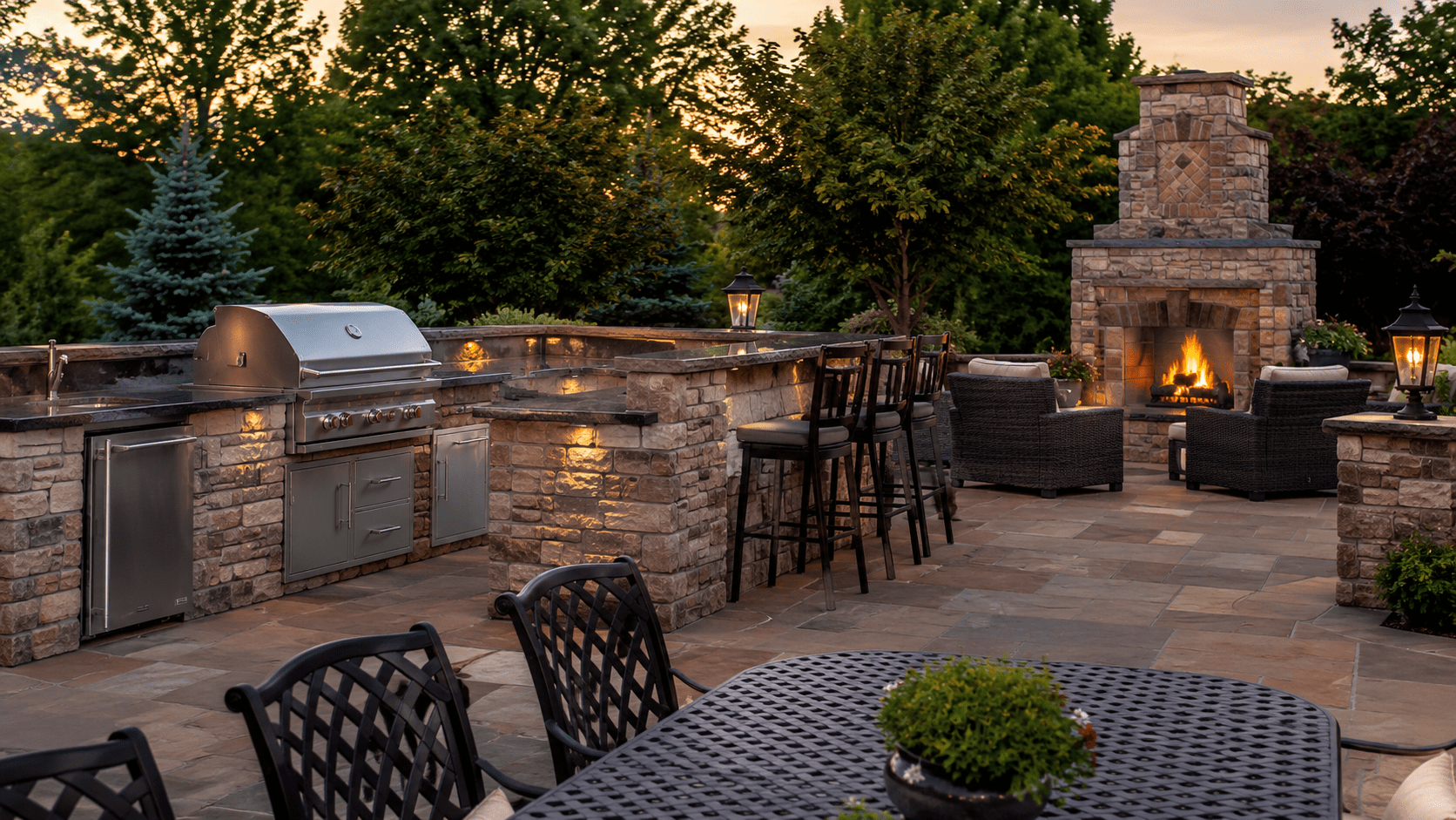 A spacious outdoor patio features a built-in stone grill, bar seating, a dining table, wicker chairs, and a stone fireplace. The area is warmly lit and surrounded by lush green trees at sunset.