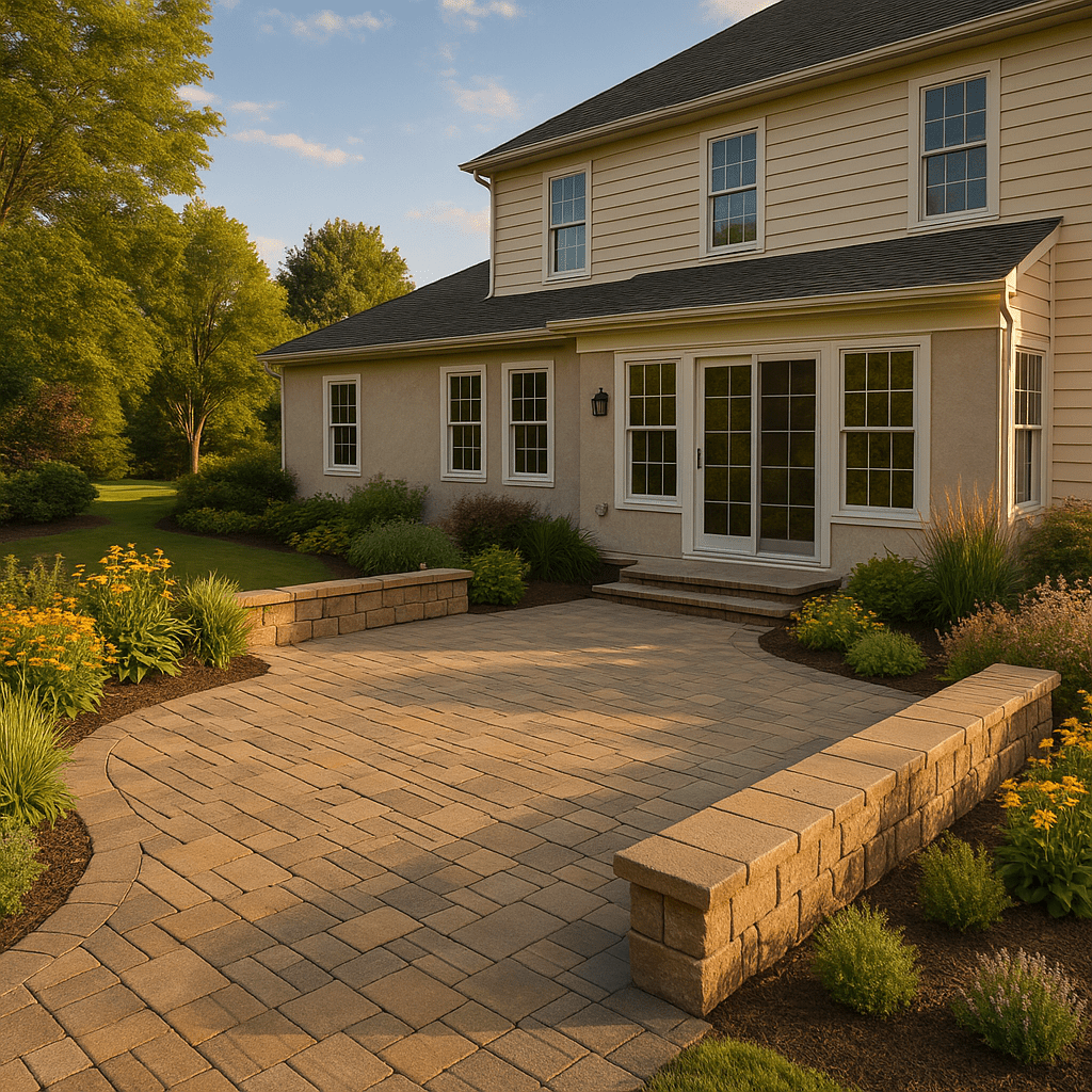 Multi-pattern paver patio with seat wall and planted borders at a Pennsylvania home
