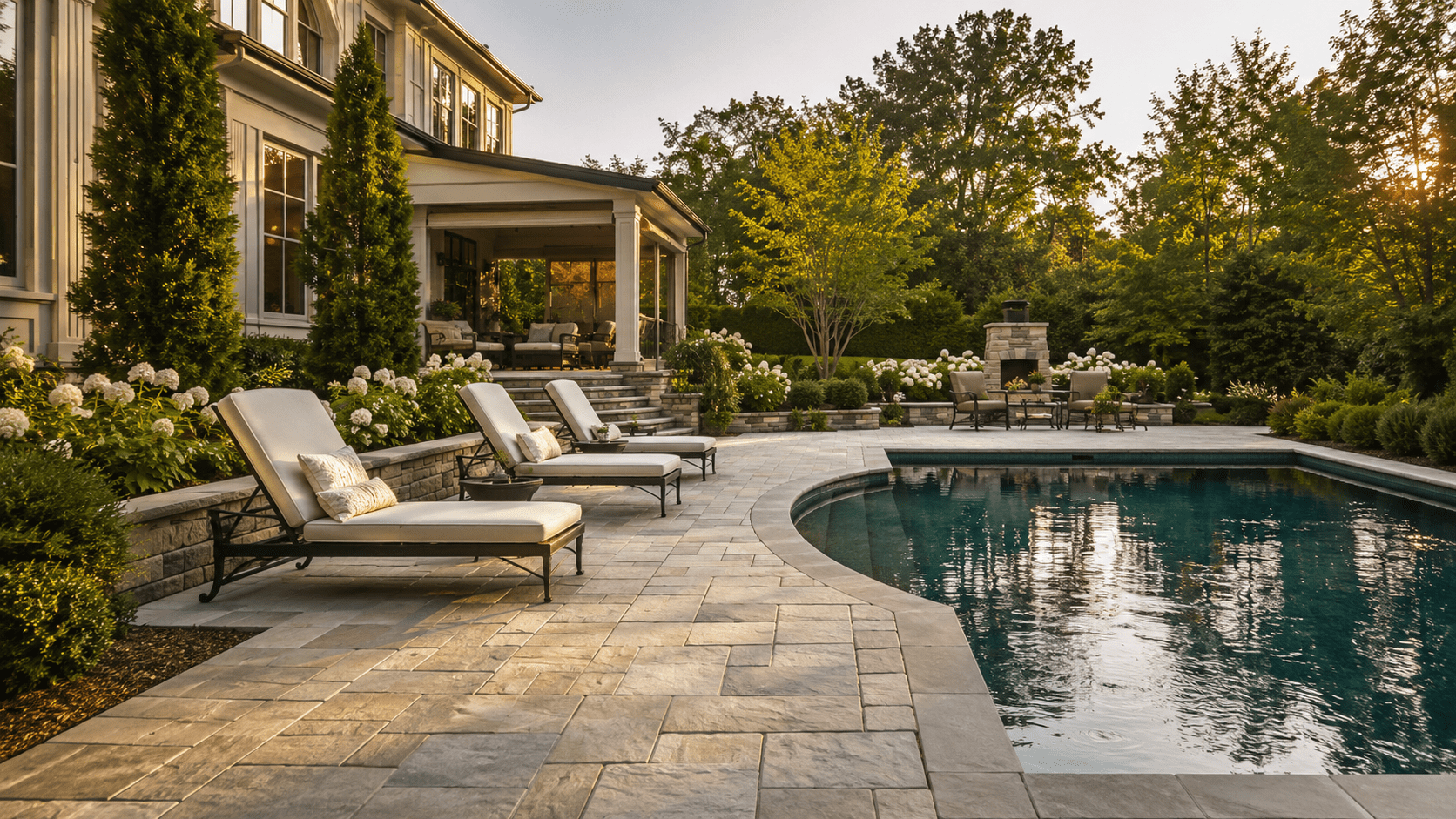 A luxurious backyard with a swimming pool, surrounded by stone tiles, three cushioned lounge chairs, landscaped gardens, and a covered patio. Trees and an outdoor fireplace are visible in the background at sunset.