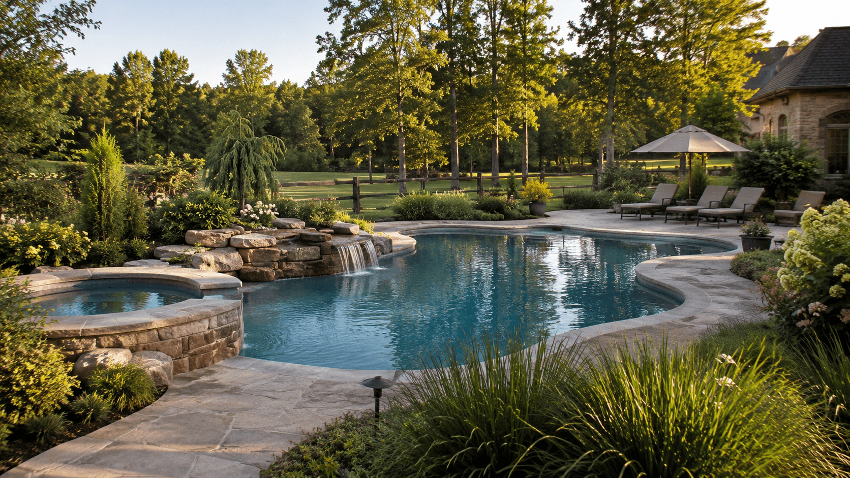 A luxurious backyard pool with a connected hot tub, waterfall feature, lounge chairs under an umbrella, and lush landscaping surrounded by trees and greenery.
