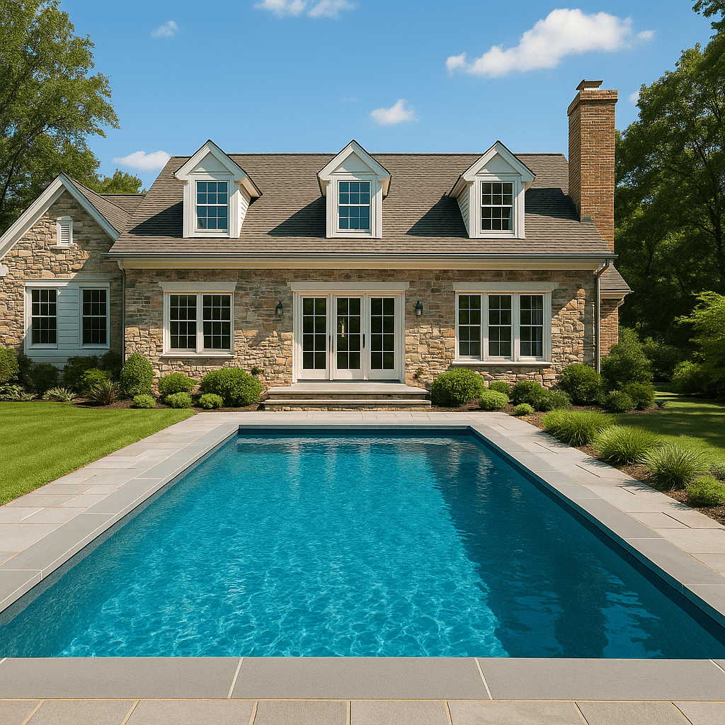 Clean rectilinear geometric gunite pool with sharp coping and blue water