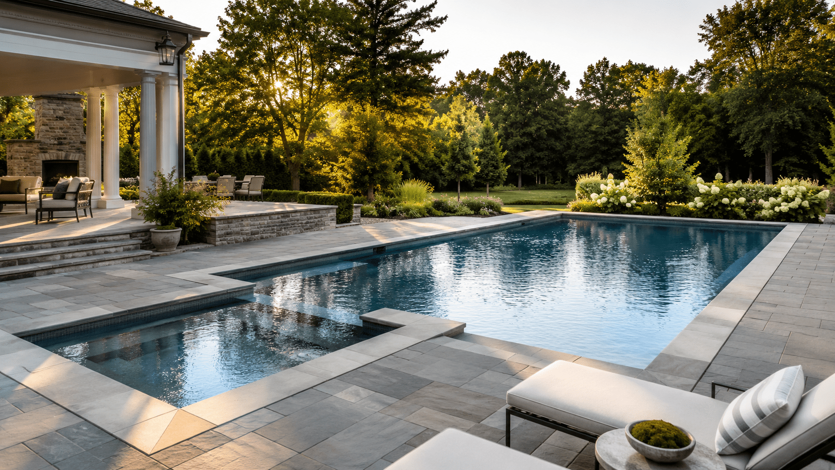 A modern backyard features a rectangular pool with clear water, surrounded by stone tiles, lounge chairs, and lush green landscaping. Trees and sunlight create a serene, inviting outdoor atmosphere.