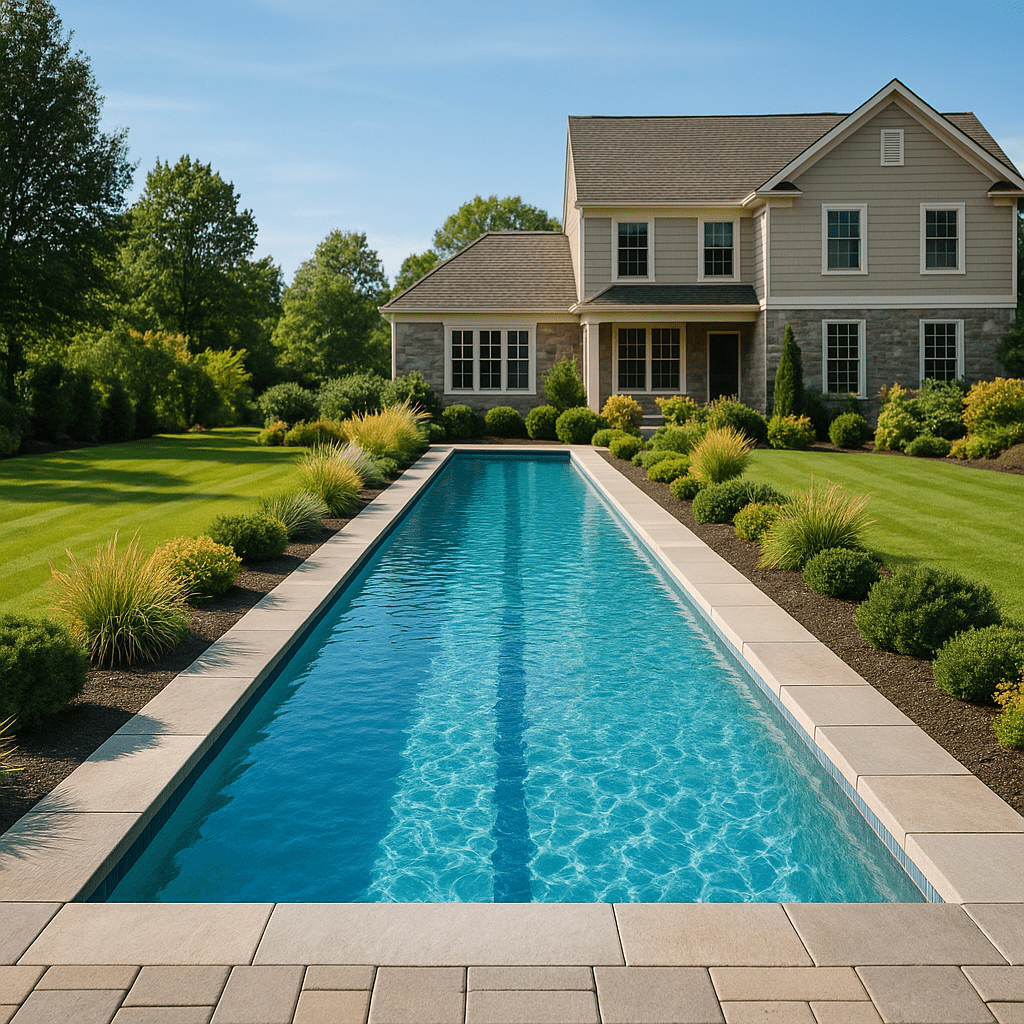 Long rectangular lap pool with clean coping and clear blue water in a Southeastern Pennsylvania backyard