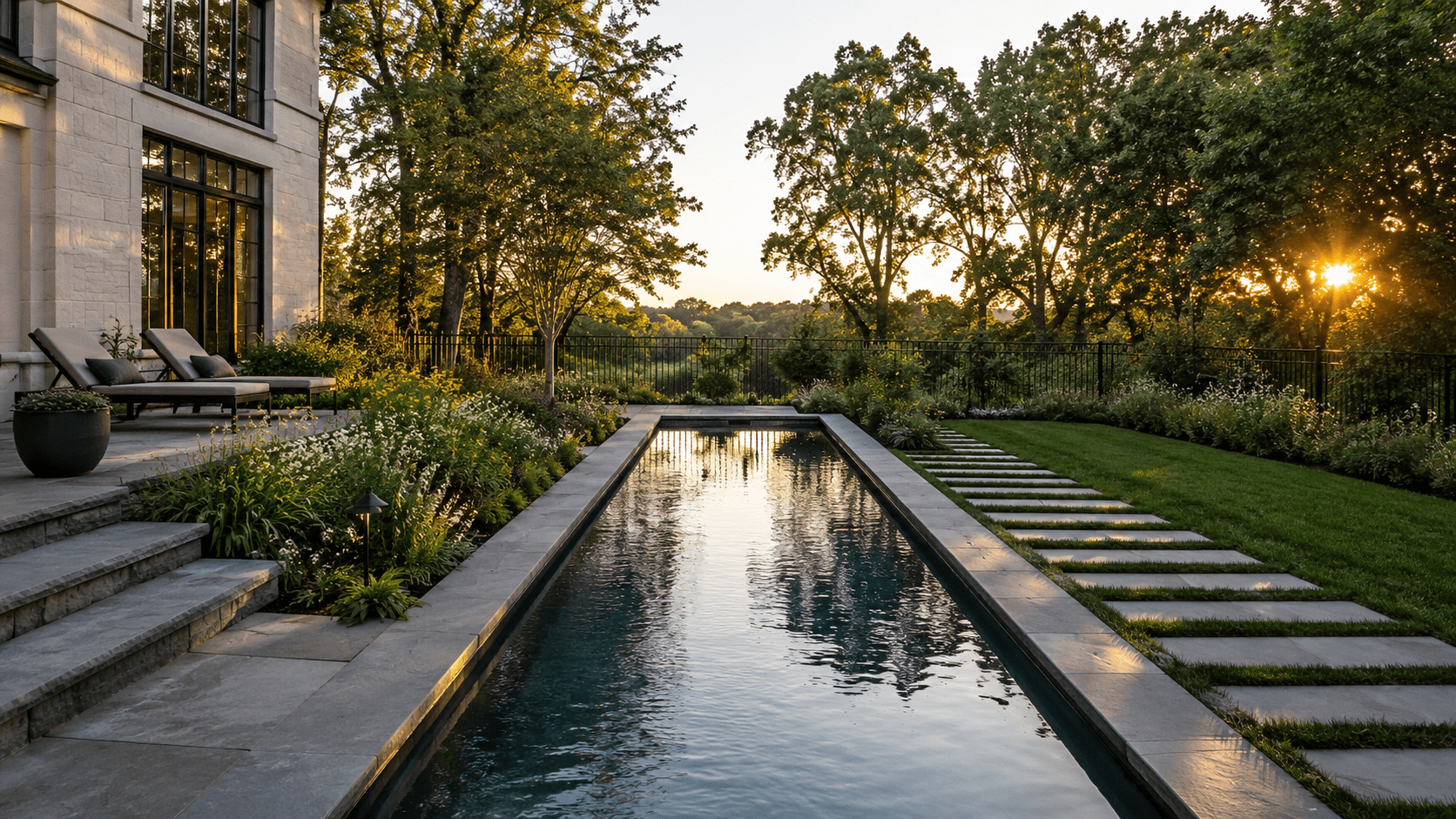 A narrow rectangular pool surrounded by stone tiles, lounge chairs, lush landscaping, and a grassy area with stepping stones. Trees line the background, and the sun is setting, casting a warm glow.