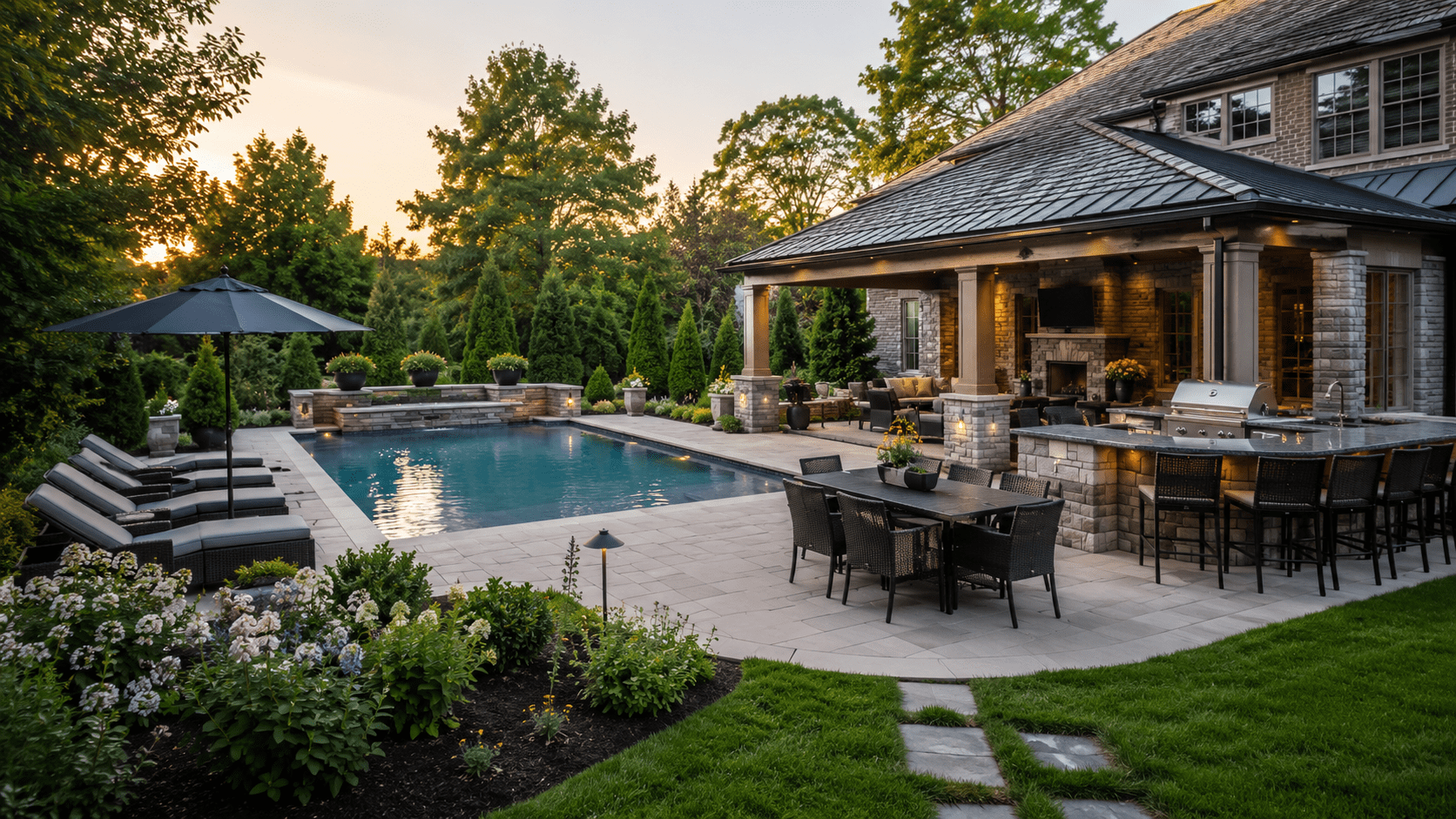 A luxurious backyard features a swimming pool, lounge chairs, a dining table, and an outdoor kitchen under a covered patio, surrounded by lush greenery at sunset.