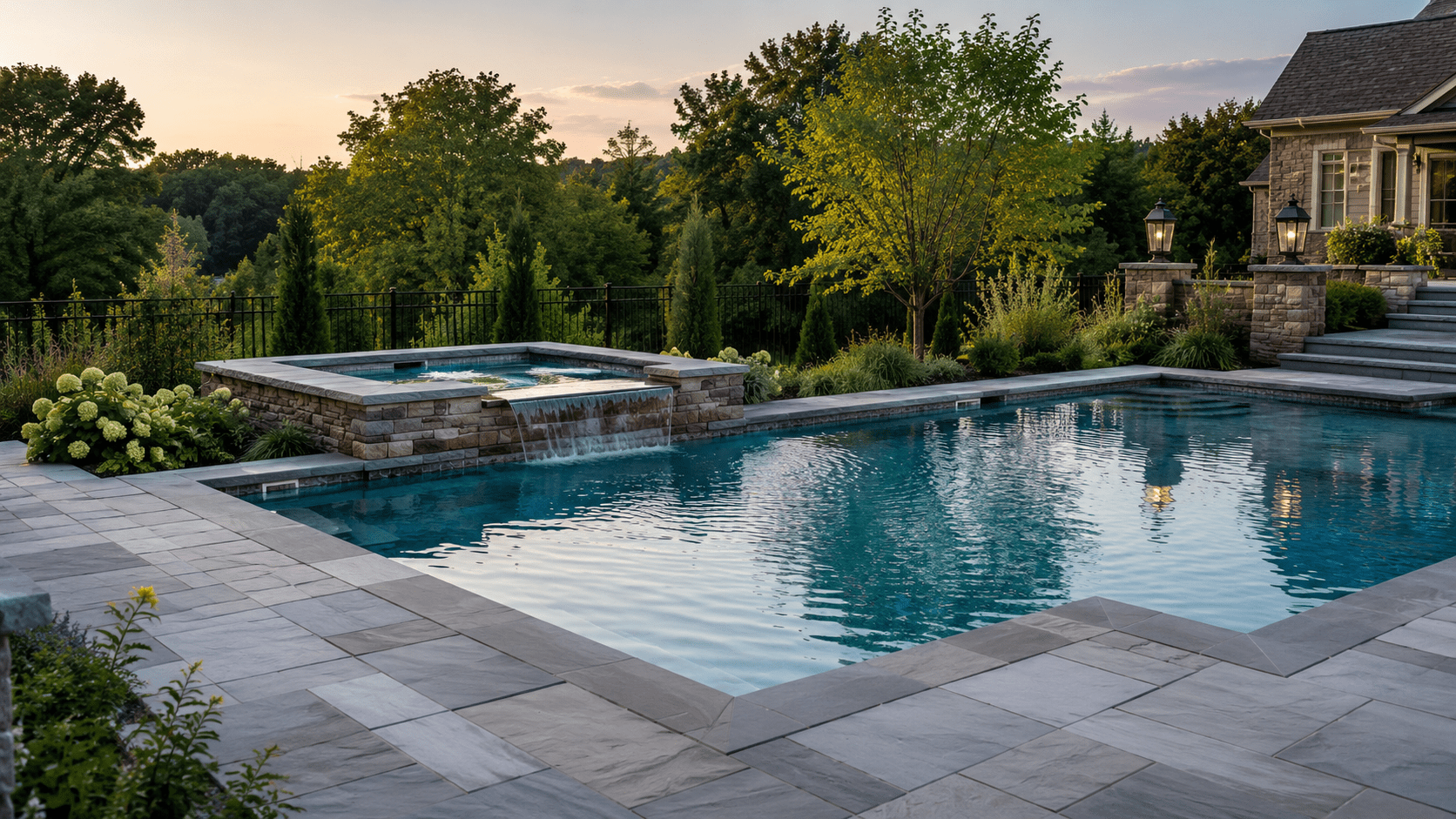 A luxurious backyard pool with a connected hot tub, surrounded by stone tiles and landscaping, sits near a house at sunset with lush trees in the background.