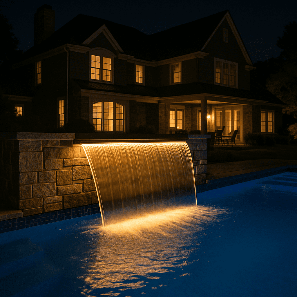 Sheer descent waterfall water feature with LED lighting spilling into a pool at night