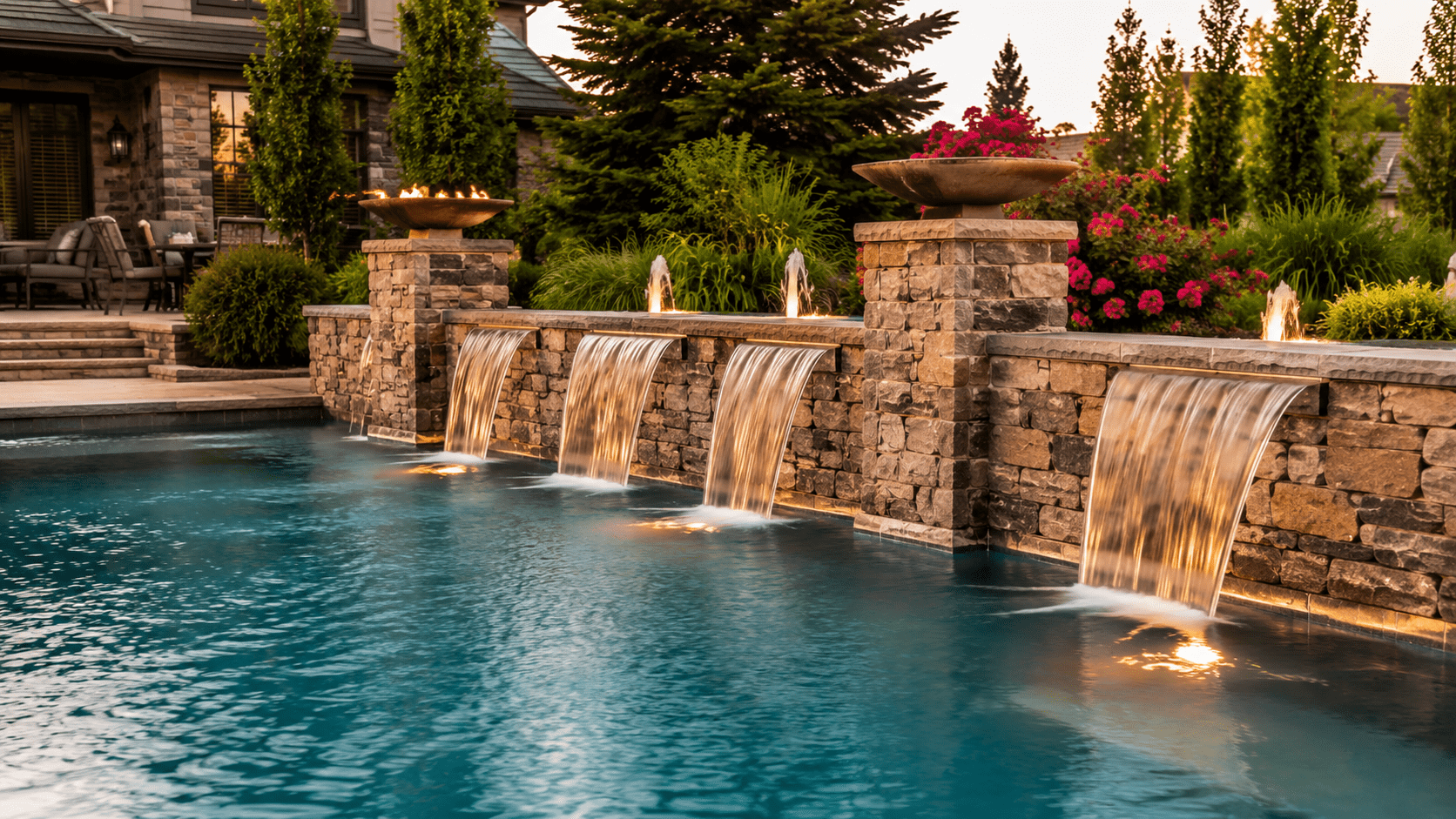 A luxurious backyard pool features stone walls with multiple cascading waterfalls, built-in lights, fire bowls, and surrounding lush greenery and flowers, creating an elegant and relaxing outdoor space.