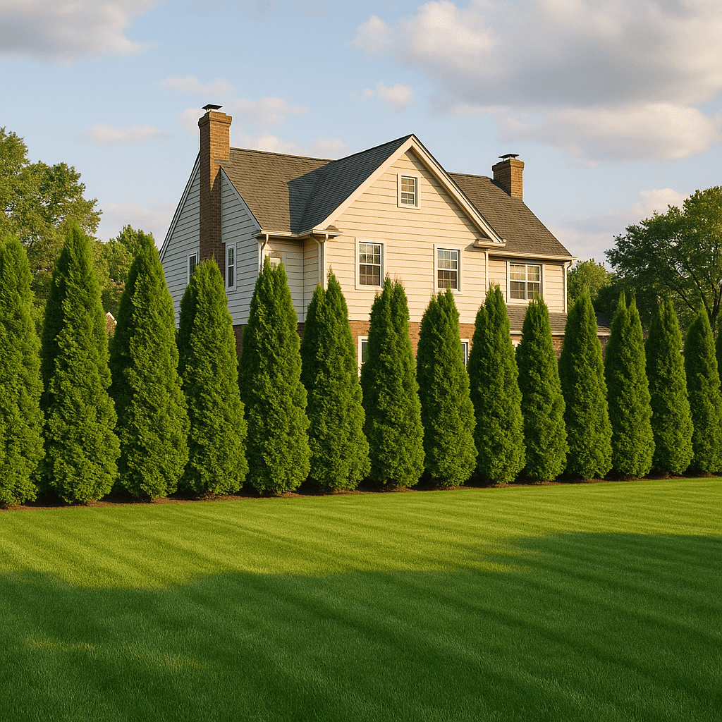 A two-story house with beige siding and a gray roof stands behind a row of tall, trimmed evergreen trees, with a neatly mowed green lawn in front. The sky is partly cloudy, and sunlight casts shadows on the grass.