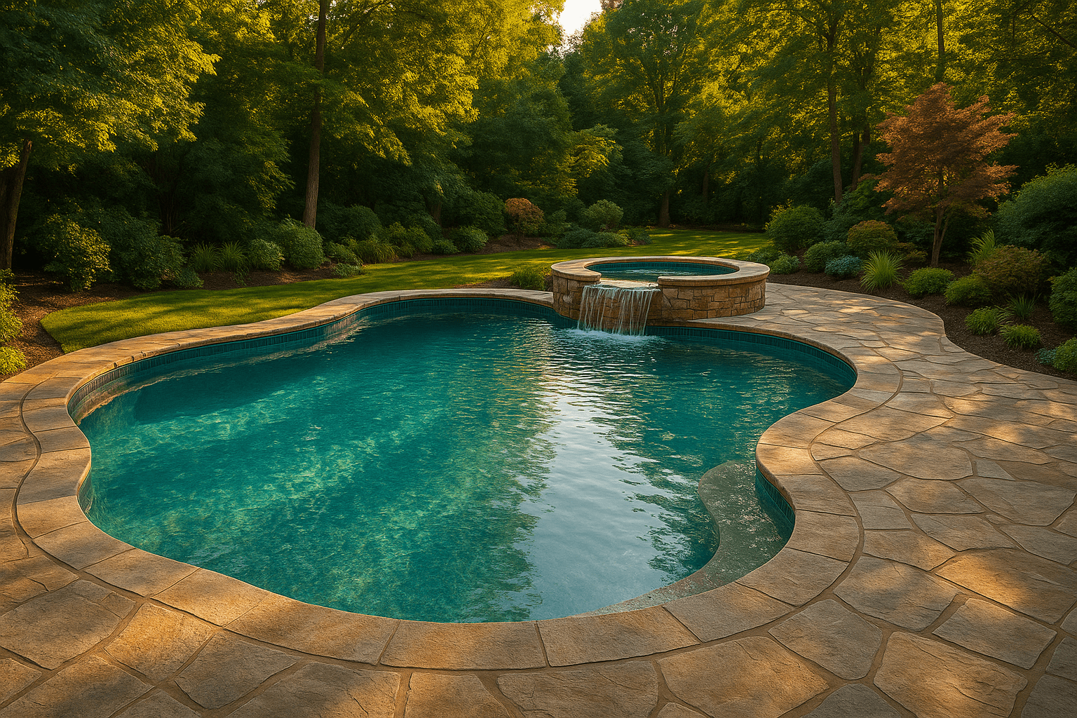 A kidney-shaped pool with clear blue water and a round hot tub spilling into it, surrounded by stone decking and lush green landscaping in a wooded backyard.