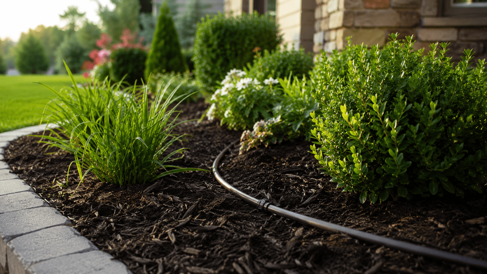 Close-up of a landscaped garden bed with mulch, green shrubs, blooming flowers, and a drip irrigation hose running through it, in front of a house with a stone exterior.