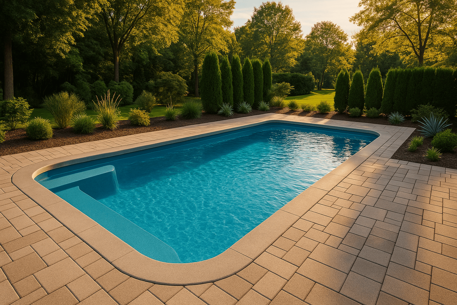 A rectangular backyard swimming pool with clear water, surrounded by beige pavers and lush green trees and bushes in the background, on a sunny day.