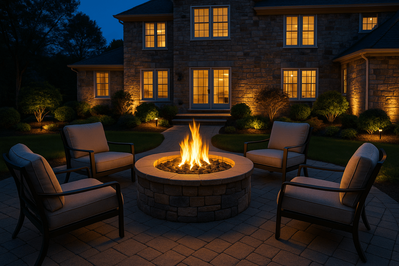 Four cushioned chairs surround a stone fire pit with a bright flame, set on a patio at night in front of a large, well-lit brick house with landscaped bushes.