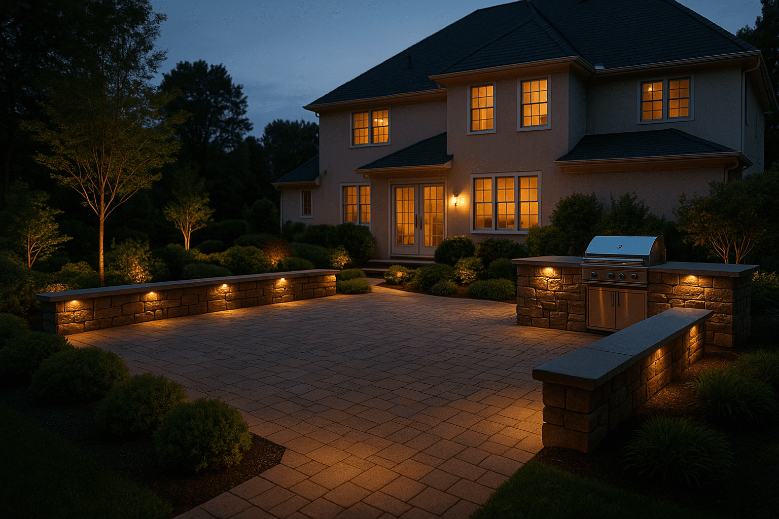 A spacious backyard patio with stone benches and built-in grill is softly lit by ground lighting at dusk, with a large house in the background and landscaped bushes around the patio.