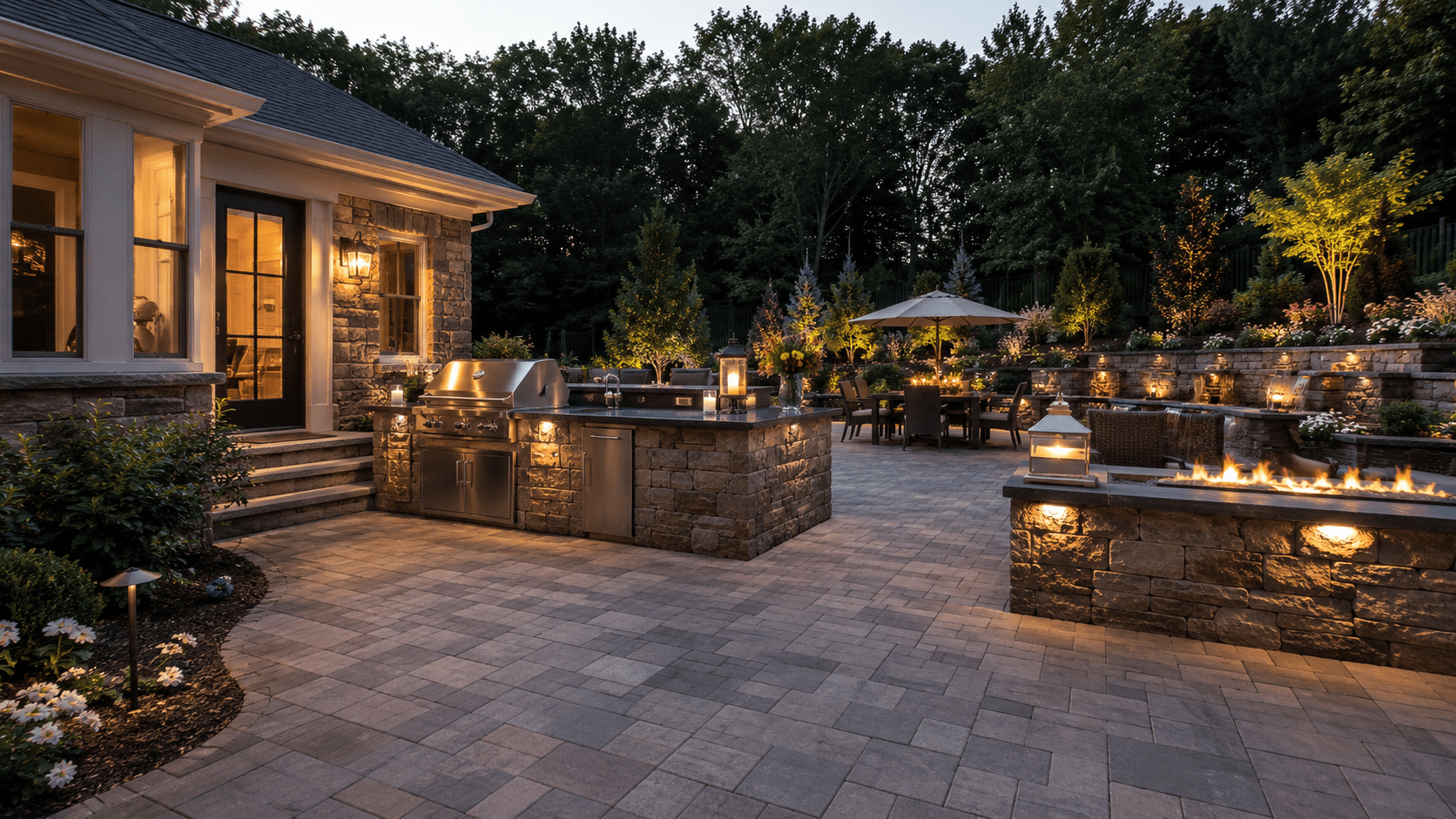 Luxurious backyard patio at dusk with outdoor kitchen, grill, bar area, fire pits, dining table under an umbrella, and soft lighting. Stonework and lush landscaping surround the space, creating a warm, inviting atmosphere.