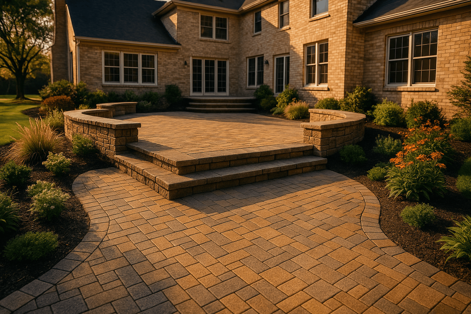 A brick patio with steps leads to the back entrance of a large house, surrounded by landscaped gardens and colorful flowers, in warm evening sunlight.