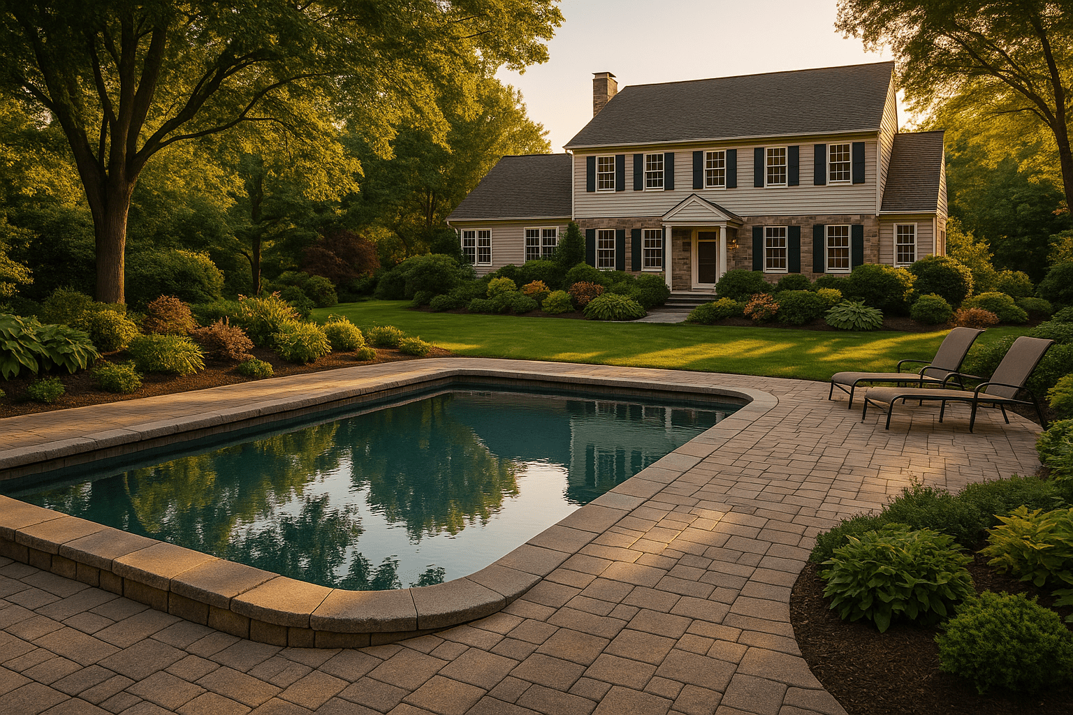 A rectangular backyard pool with paver patio, surrounded by lush landscaping, sits in front of a large two-story white house at sunset. Two lounge chairs are placed beside the pool.
