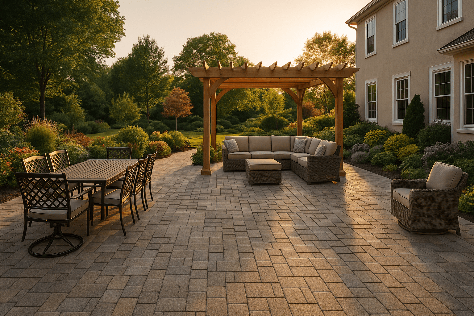 A spacious patio with a pergola, cushioned seating, dining table, and armchair, surrounded by lush gardens and trees, all bathed in warm, golden sunlight.
