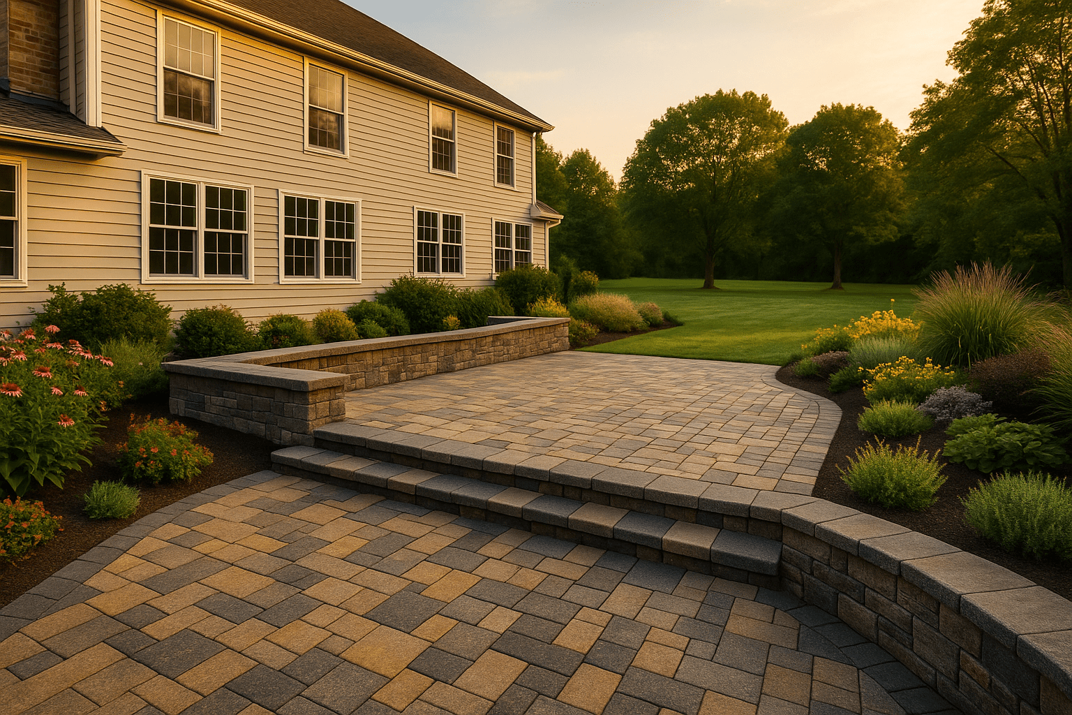 A spacious stone patio with steps, bordered by low stone walls and landscaped flower beds, sits beside a large beige house overlooking a lush green lawn and trees in the warm light of sunset.