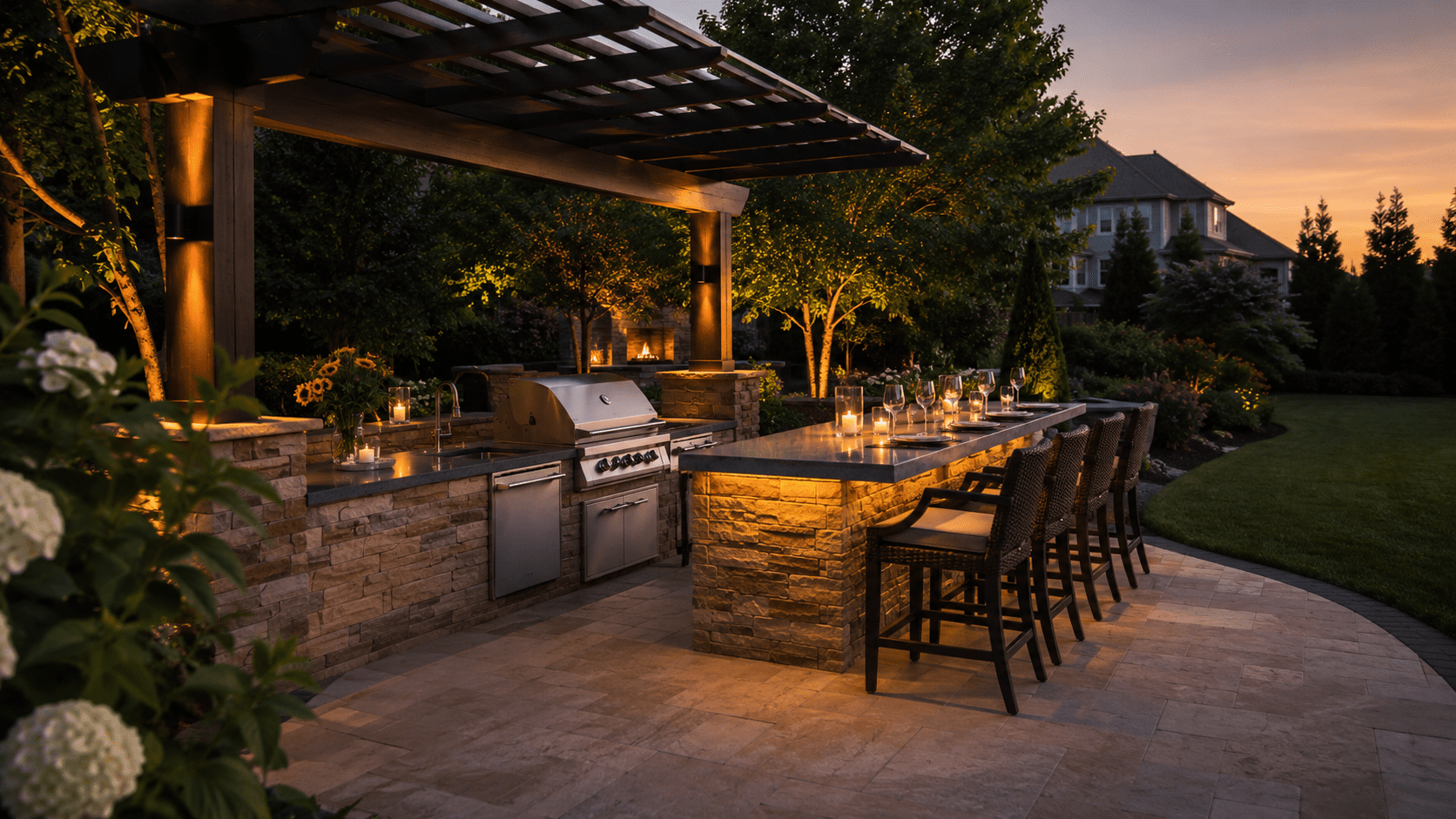 Outdoor kitchen with bar seating, grill, stone counters, and pergola lighting at sunset; lush greenery and a large house visible in the background. Candles and place settings create a cozy, inviting atmosphere.