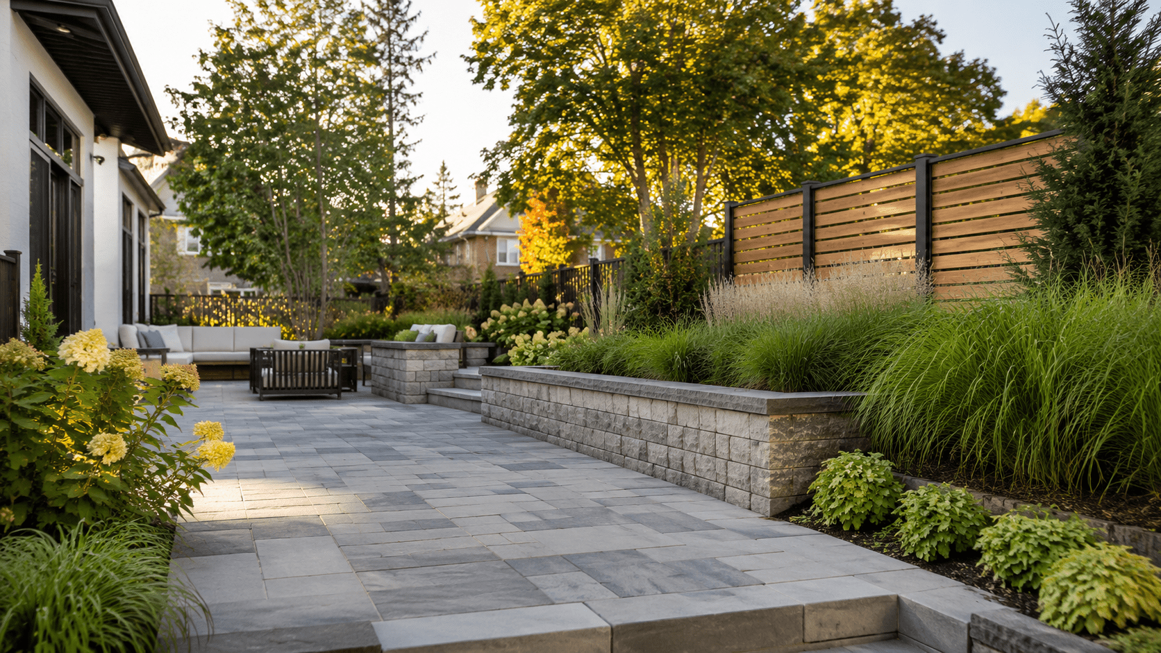 Modern backyard patio with gray stone pavers, lush green plants, a wooden privacy fence, retaining wall, and outdoor seating area with cushions under tall trees on a sunny day.