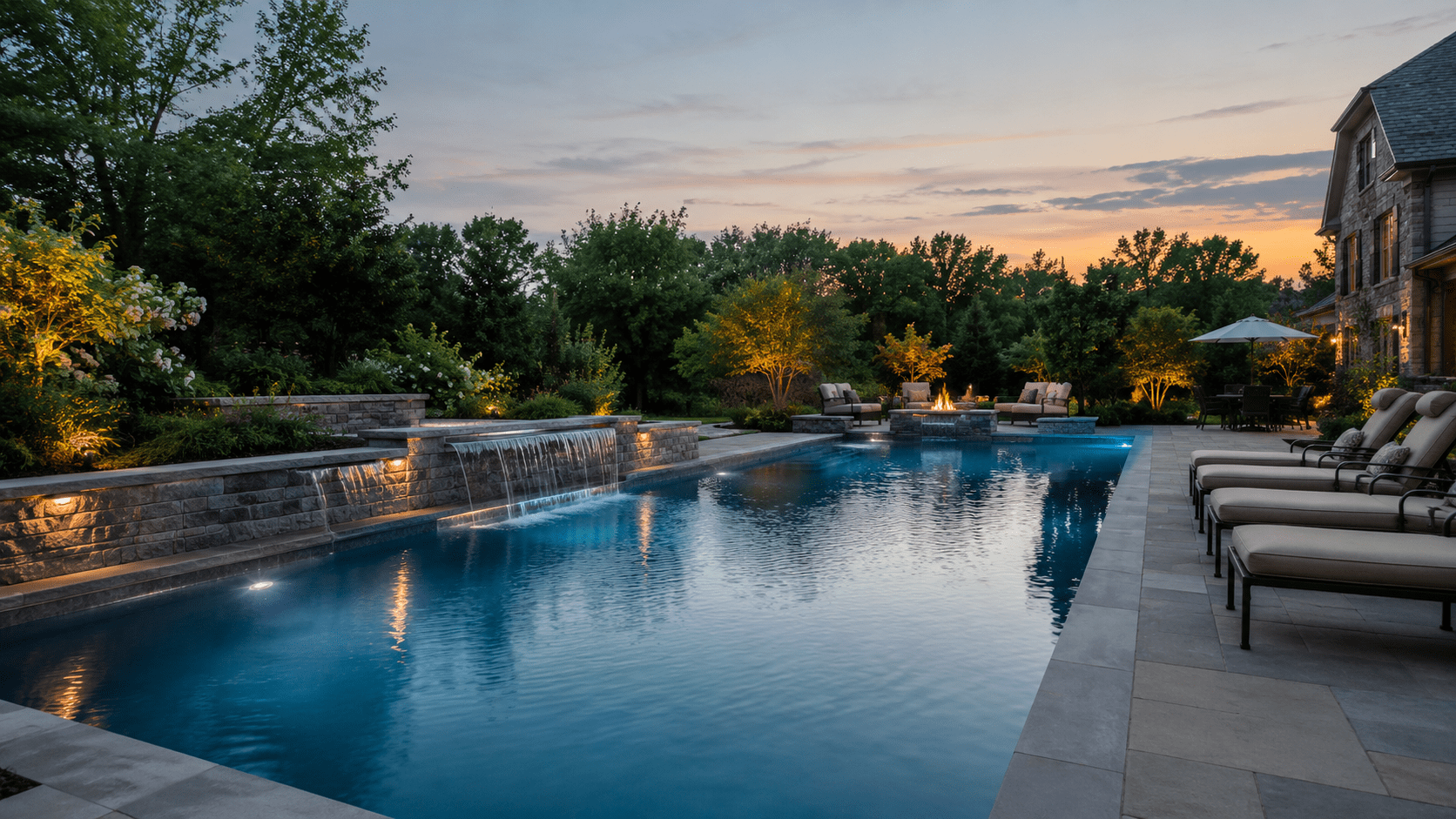 Luxurious backyard pool at sunset with cascading waterfalls, glowing landscape lights, lounge chairs on a stone deck, and lush trees surrounding the area for a serene and inviting atmosphere.