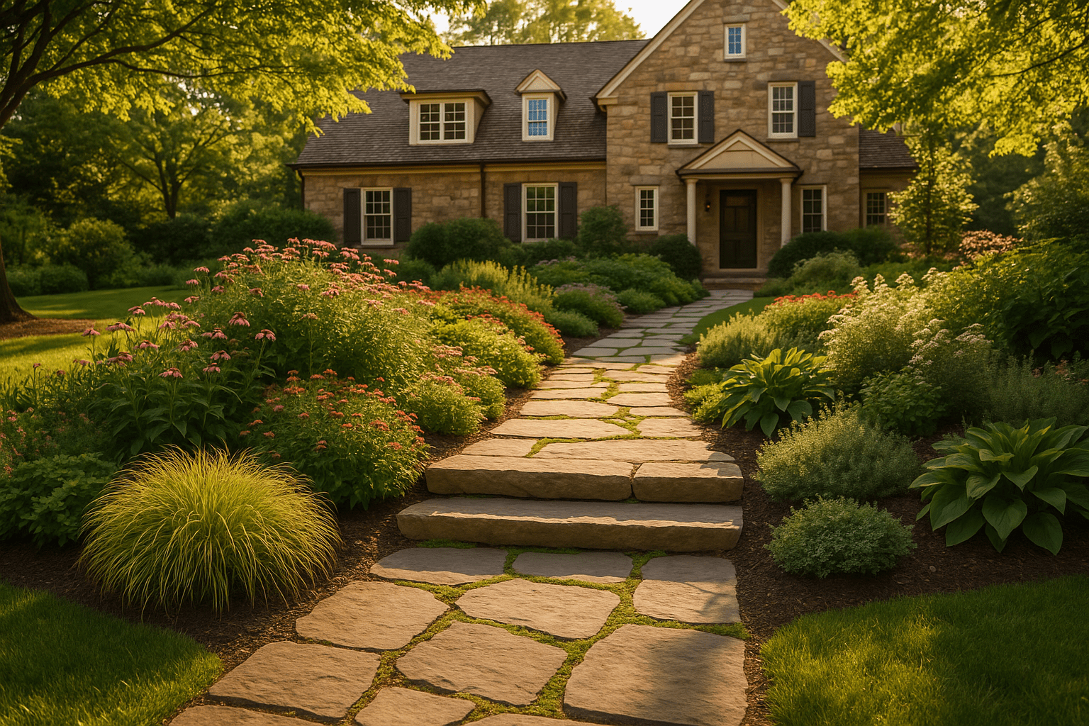 A stone path leads through lush, colorful garden beds to a stone house with dormer windows, surrounded by green trees in warm sunlight.