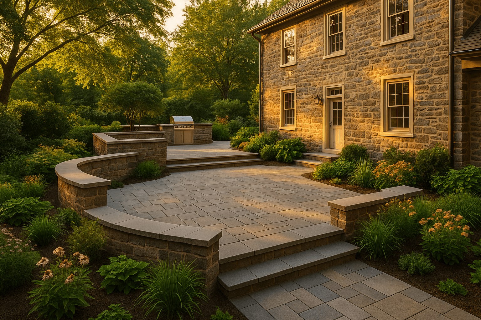 A stone patio with curved seating walls, lush green landscaping, and a grill station, adjacent to a stone house in the warm light of sunset.