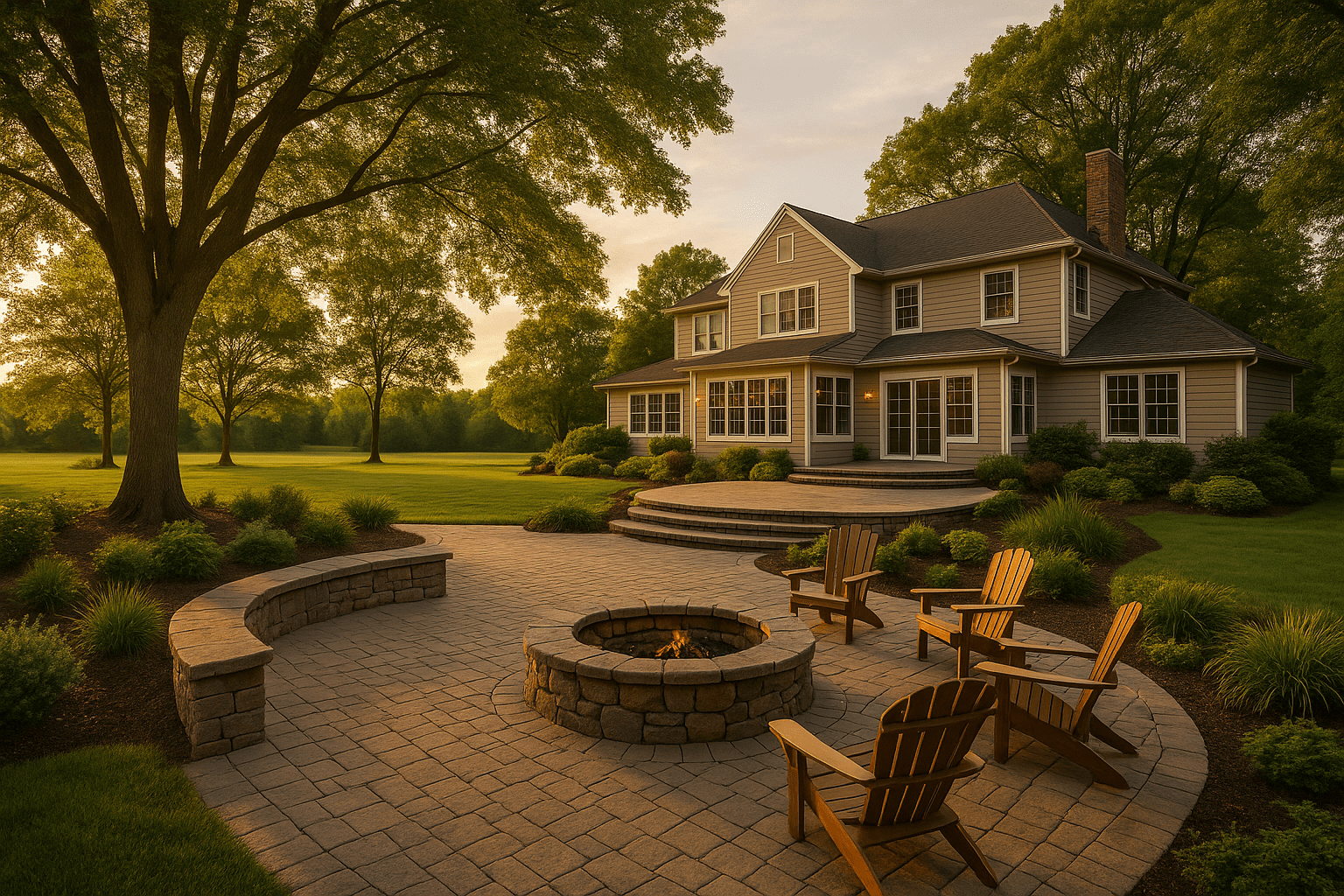 A spacious backyard with a large house, stone patio, fire pit, and wooden chairs surrounded by green grass and tall trees at sunset.