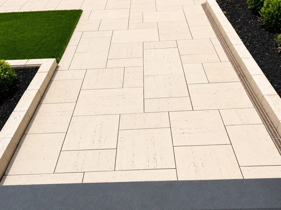 Large-format patio pavers and channel drain beside a Collegeville pool