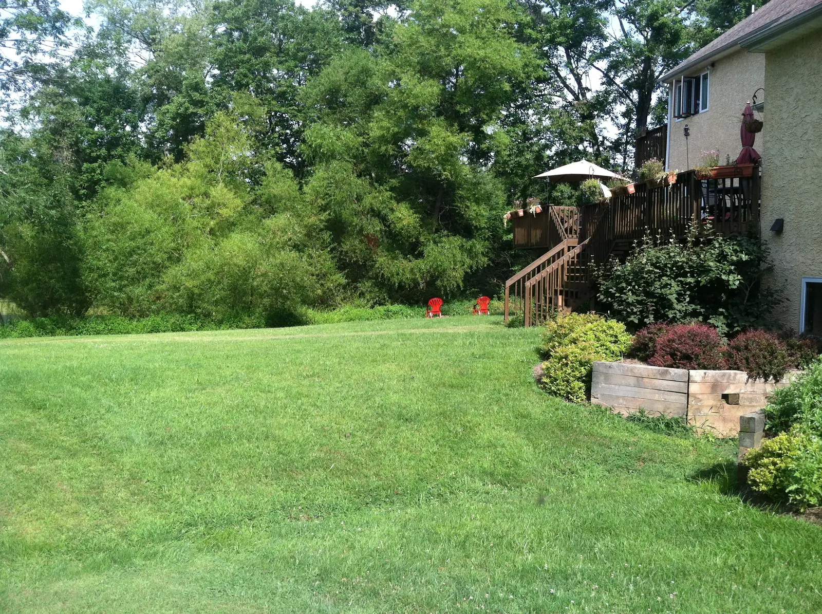 Sloped backyard and deck before a pool build in Phoenixville, PA