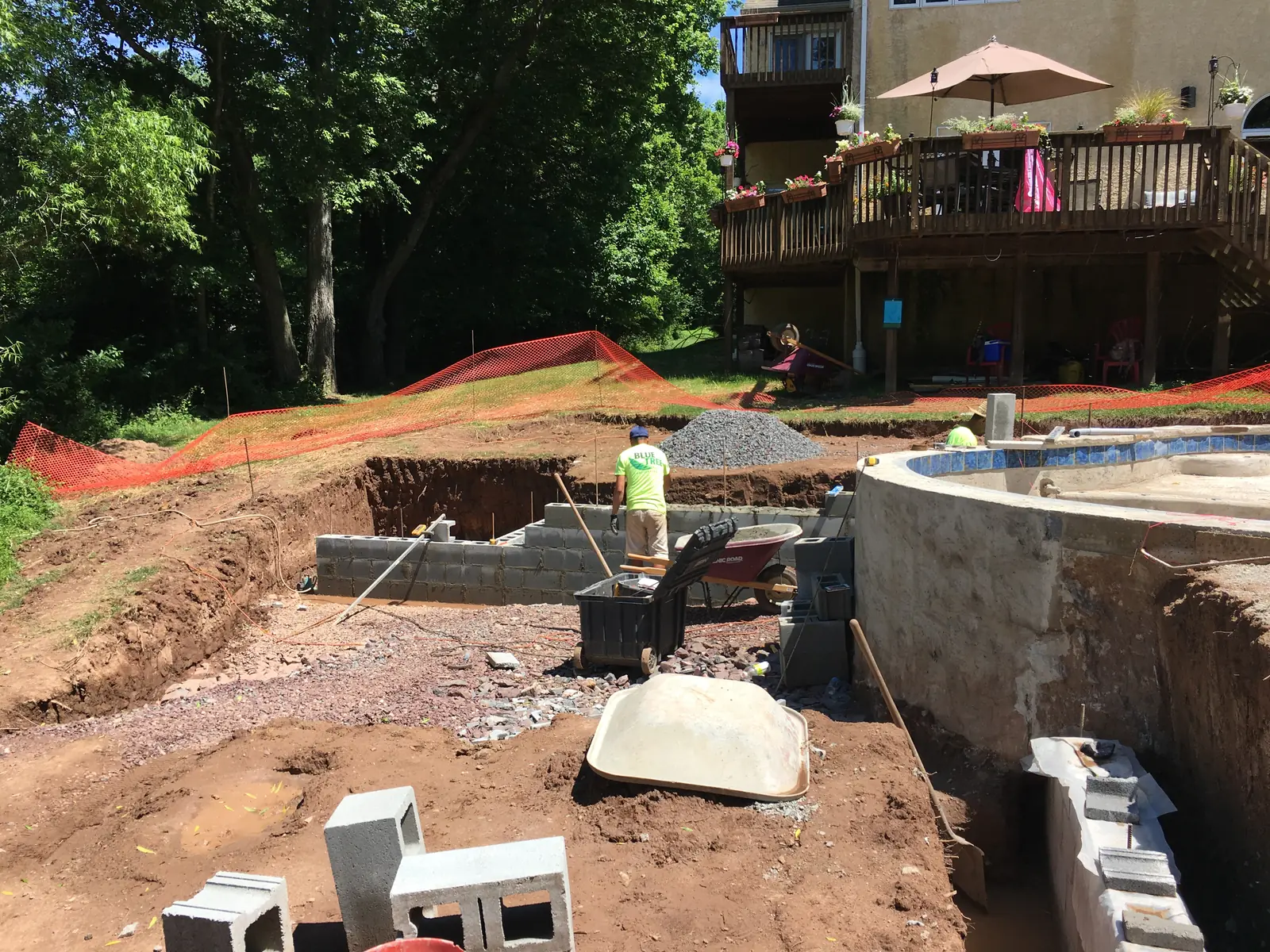 Pool shell and retaining-wall work during construction in Phoenixville, PA